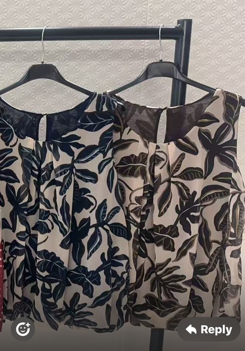 Ava -  Navy/Cream Leaf Print Bubble Hem Top
