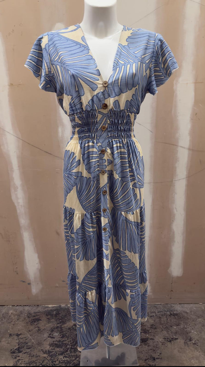sandy - Sky Blue Palm print Maxi Dress