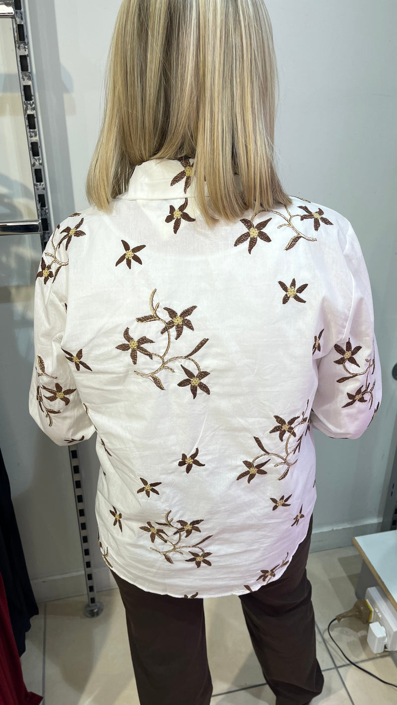 Jamie - White/Chocolate Embroidery Cotton Shirt