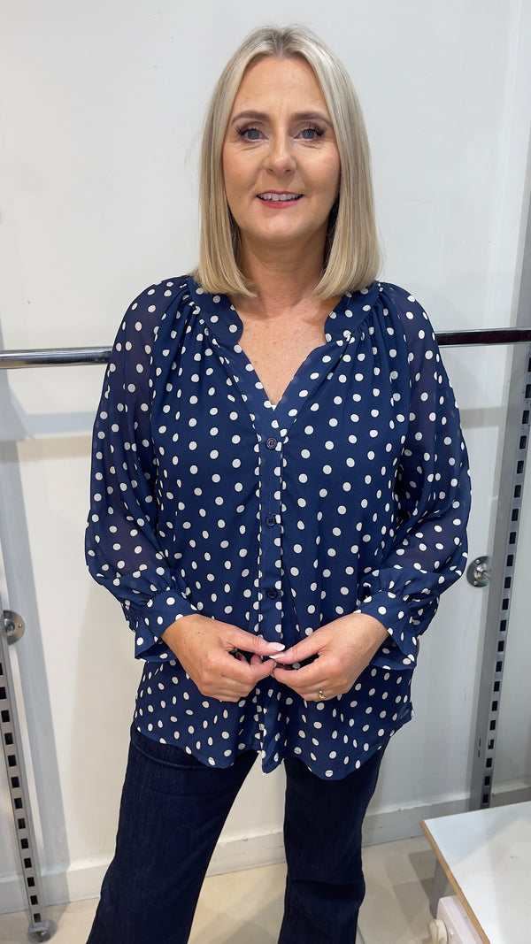 Carmel - Polka Dot Chiffon Cuff Blouse Navy
