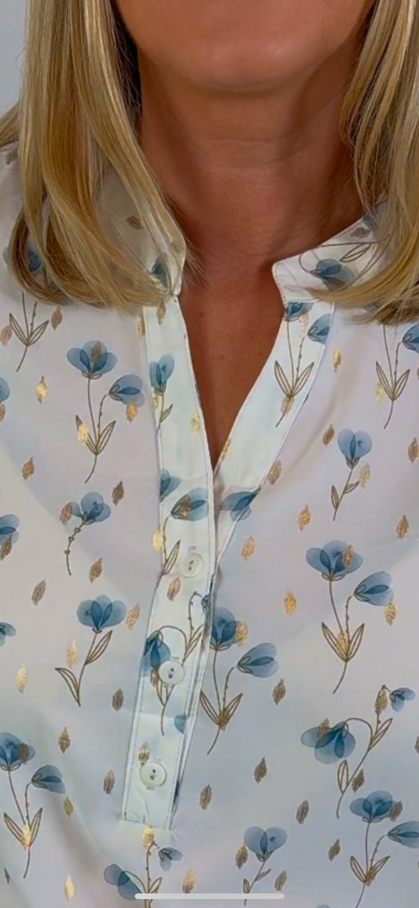 Ivy - Soft Cream/Blue Floral Print Button Neck Top