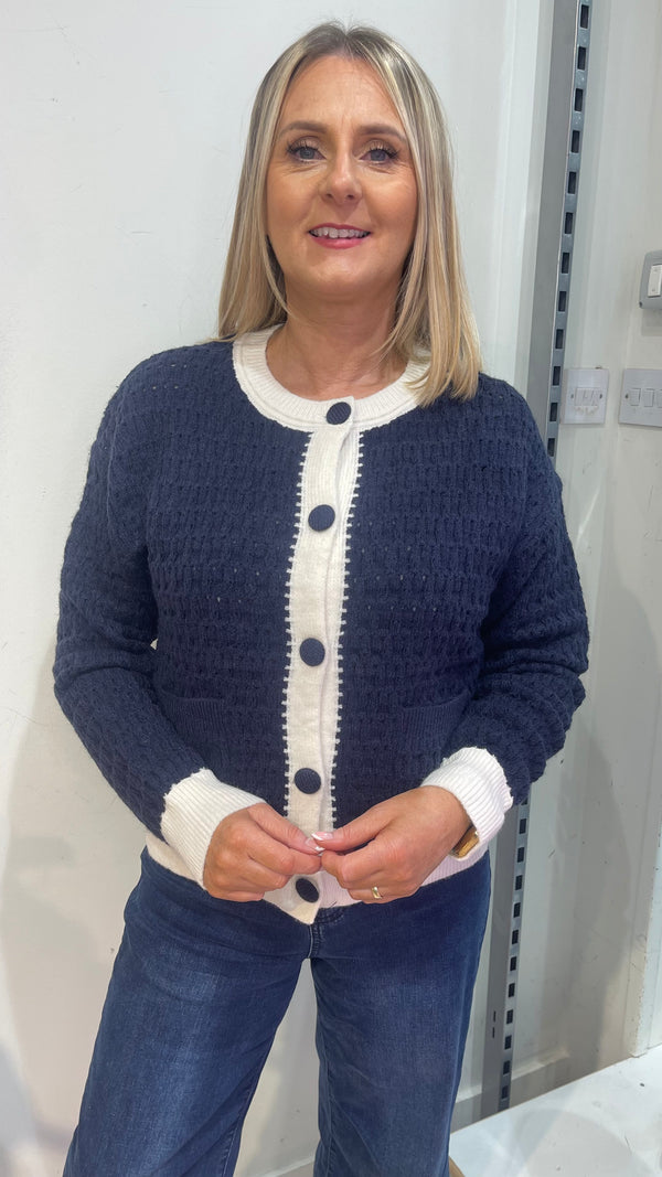 Melissa - Blue/Cream Contrast Knit Cardigan
