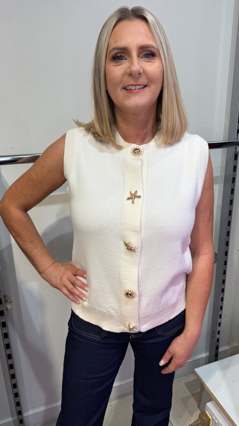 Meg - Cream Mixed Gold Button Sleeveless Knit