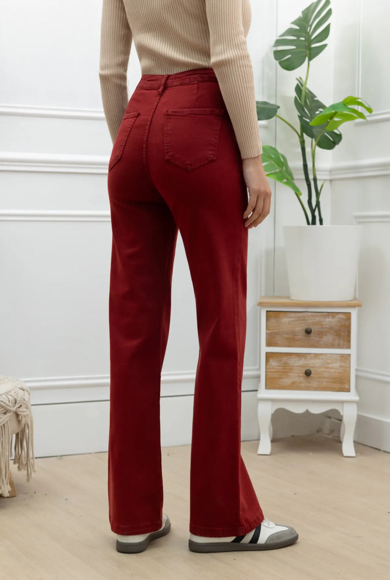 Billie - Burgundy Gold Button Detail Jean