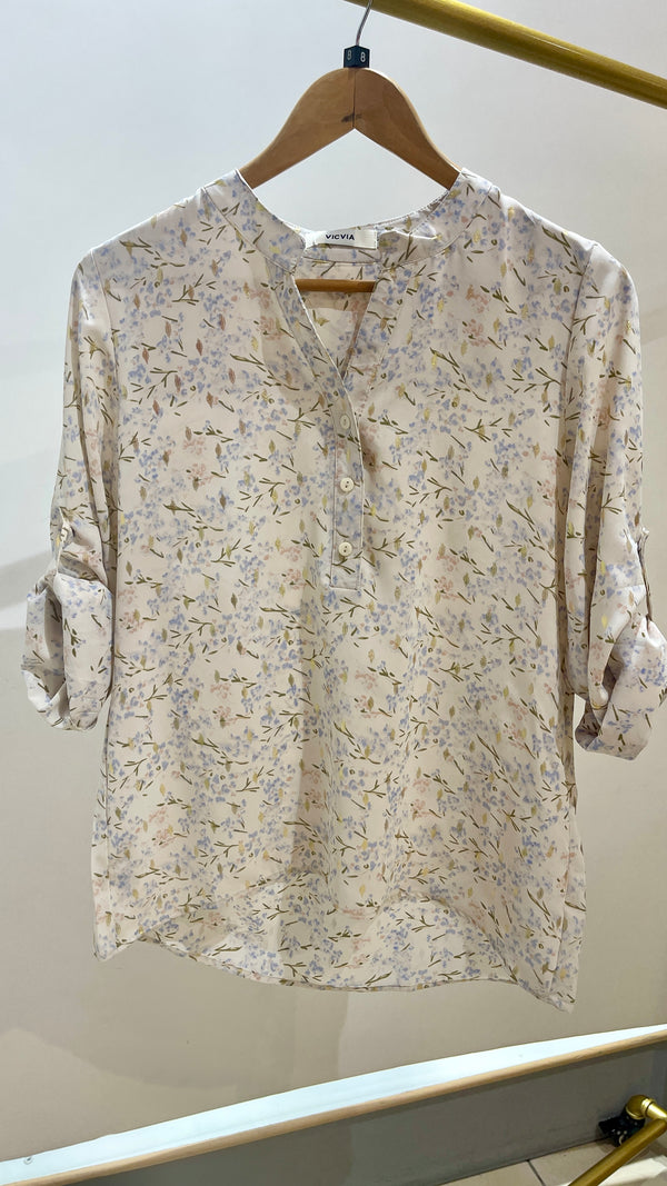 Ivy -Soft Pastel Ditsy Print Gold Leaf Button Top