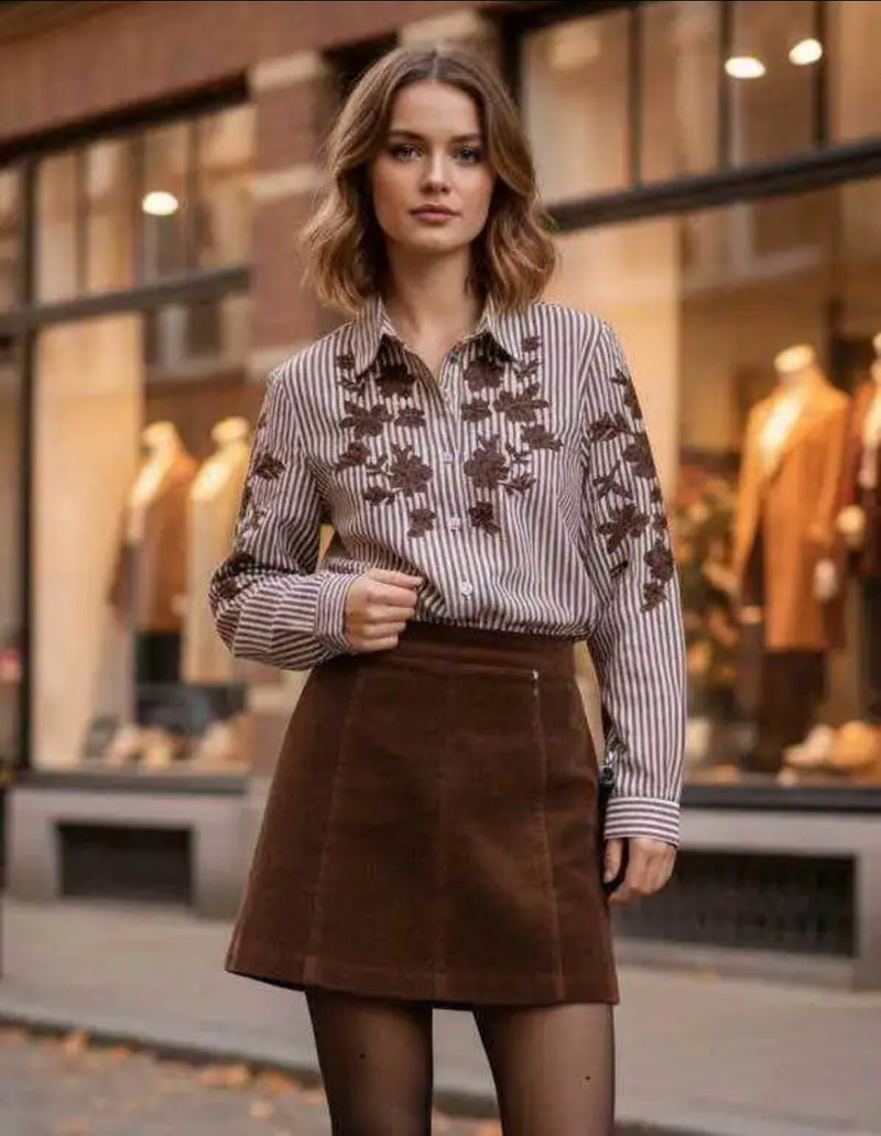 Kenny - Brown Stripe Embroidery Detail Cotton Shirt