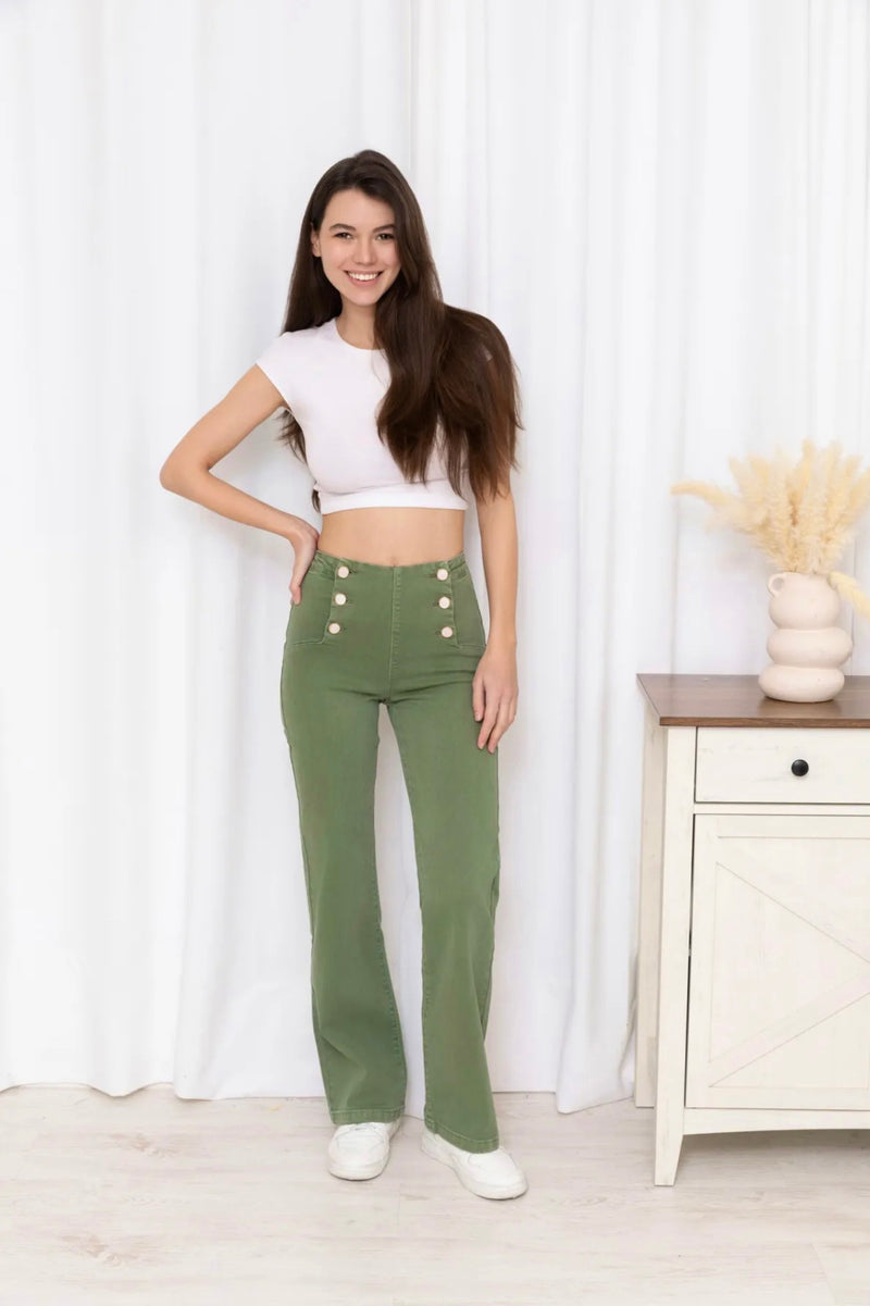 Georgie - Khaki Jean White Button