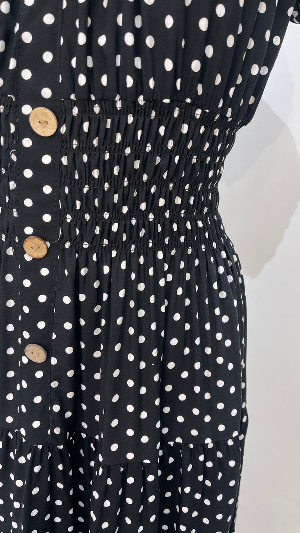Chloe -  Black Polka Dot Button Maxi Dress