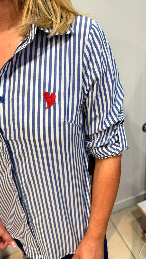 Delta - Blue Stripe Cotton Shirt Embroidered Heart