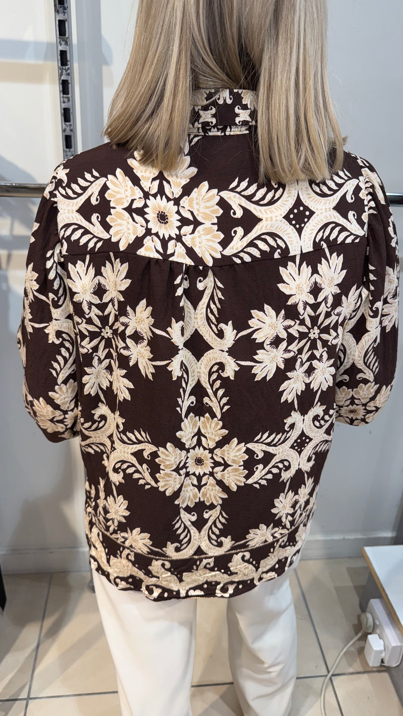 Frankie - Brown/Beige Print Balloon Sleeve Top