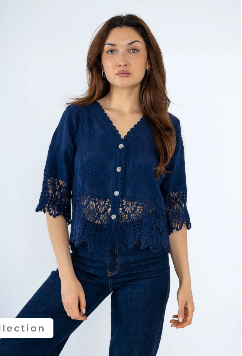 Zara - Navy Embroidery/Crochet Button Cardigan