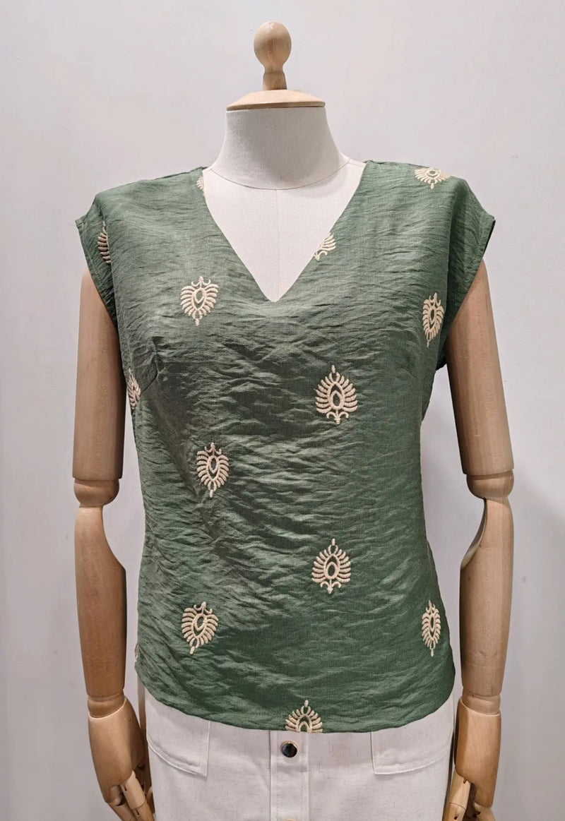 Adele - Khaki Embroidery V Neck Top