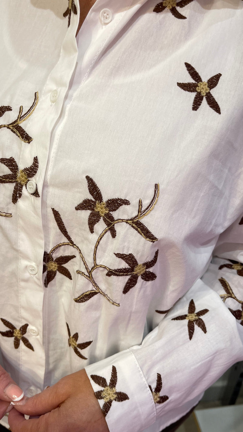 Jamie - White/Chocolate Embroidery Cotton Shirt