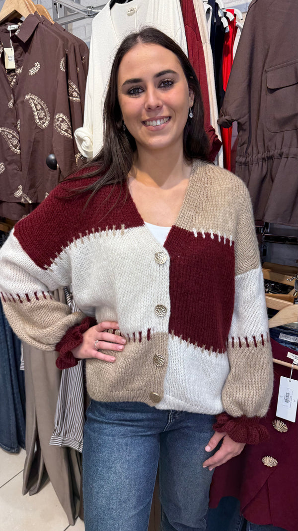 Barbara Wine/Cream Chunky Knitted Cardigan
