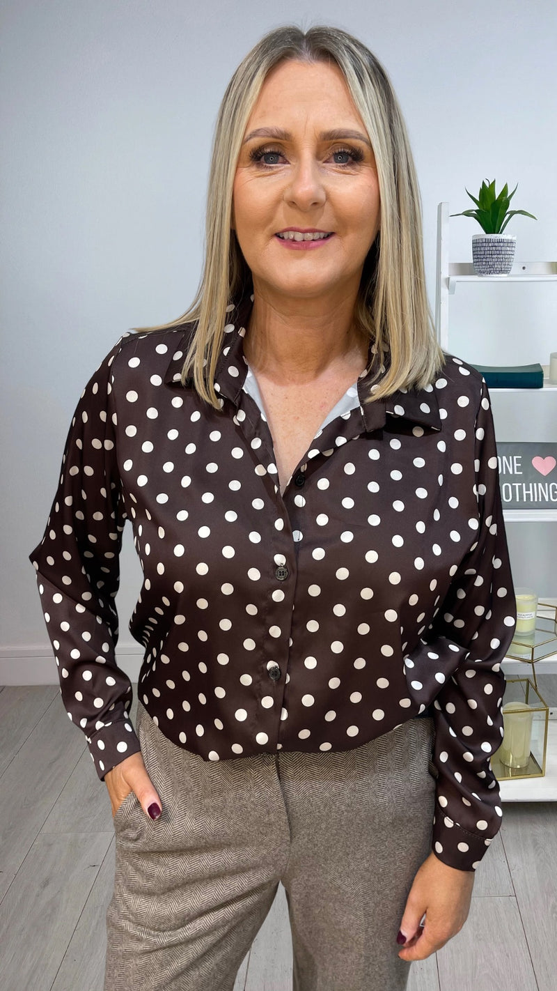 Jill - Brown Polka Dot Satin Look Shirt