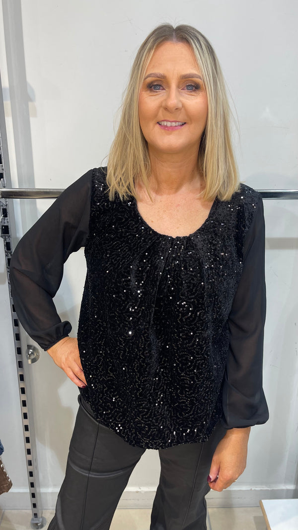 Vicky - Black Sequin lined bubble hem Top