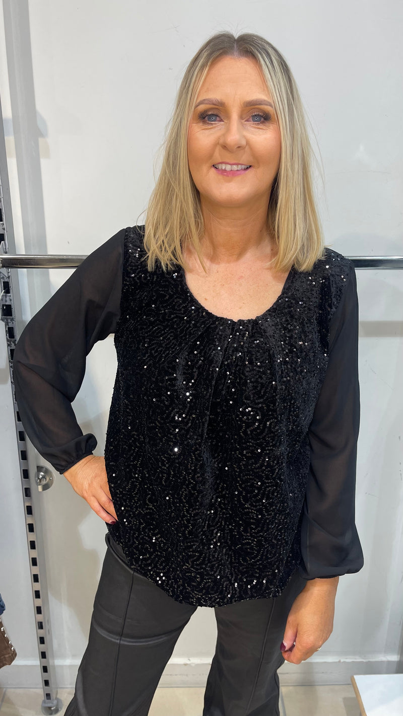 Vicky - Black Sequin lined bubble hem Top