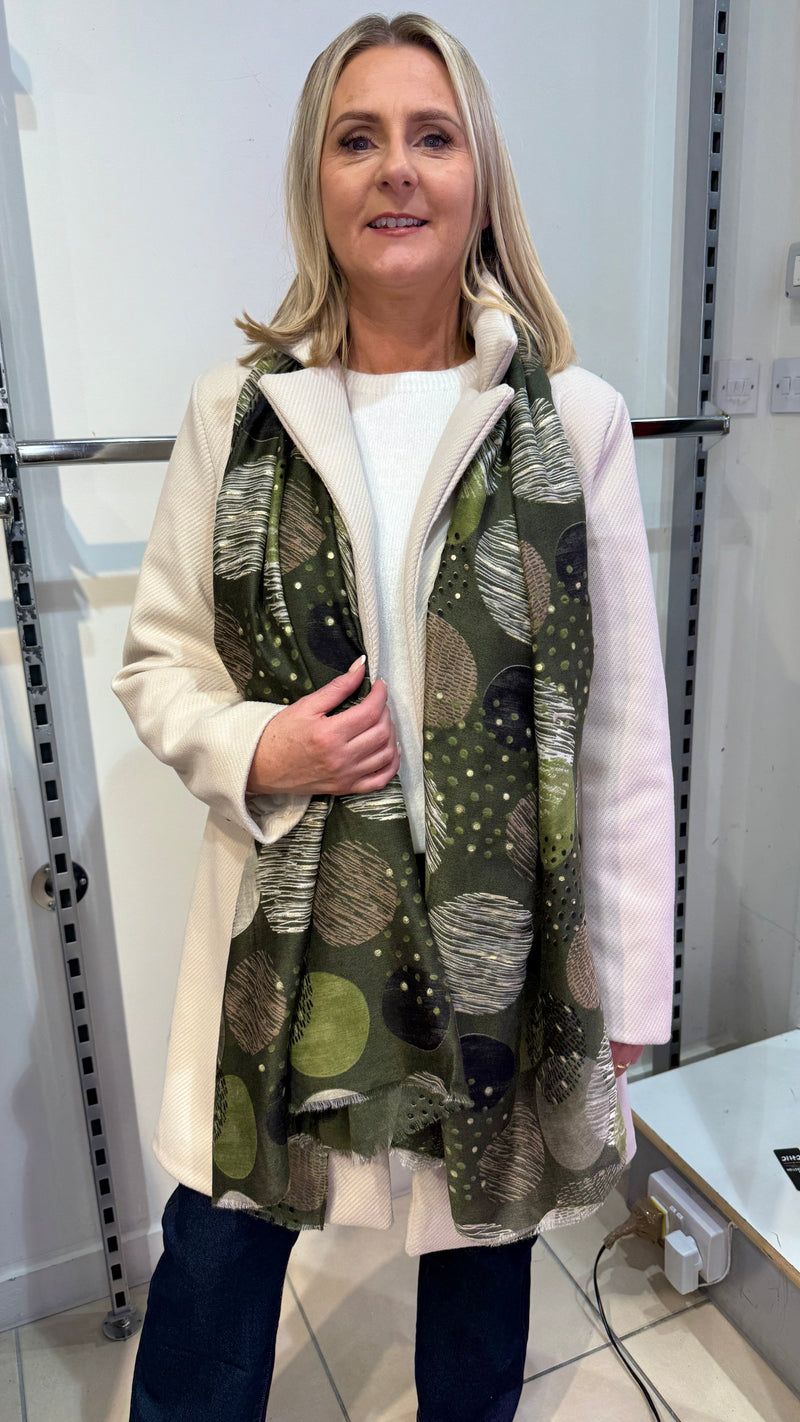 Evie - Green/Beige Circle Print Lightweight Scarf