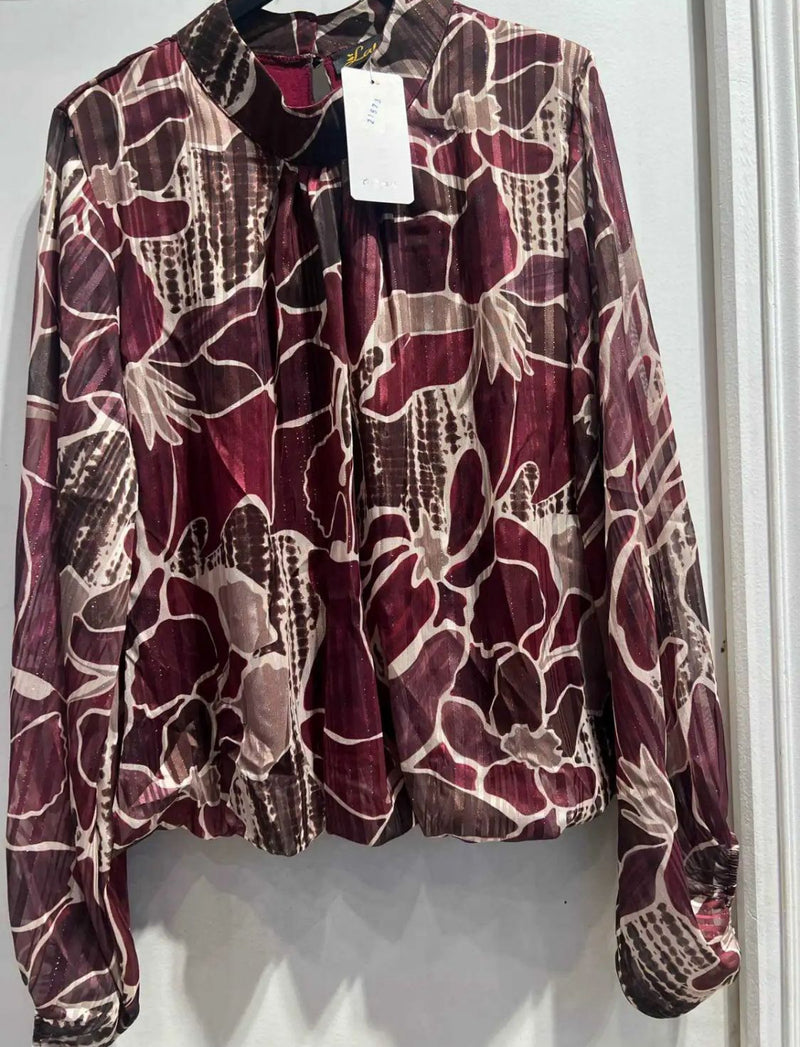 Tara - Wine/Beige Lurex High Neck Lined Top