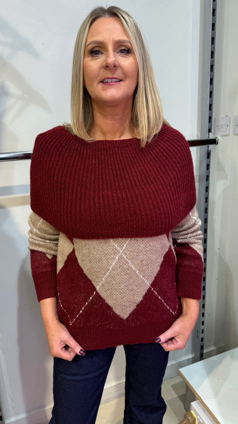 Lisa - Wine/Beige Diamond knit Jumper