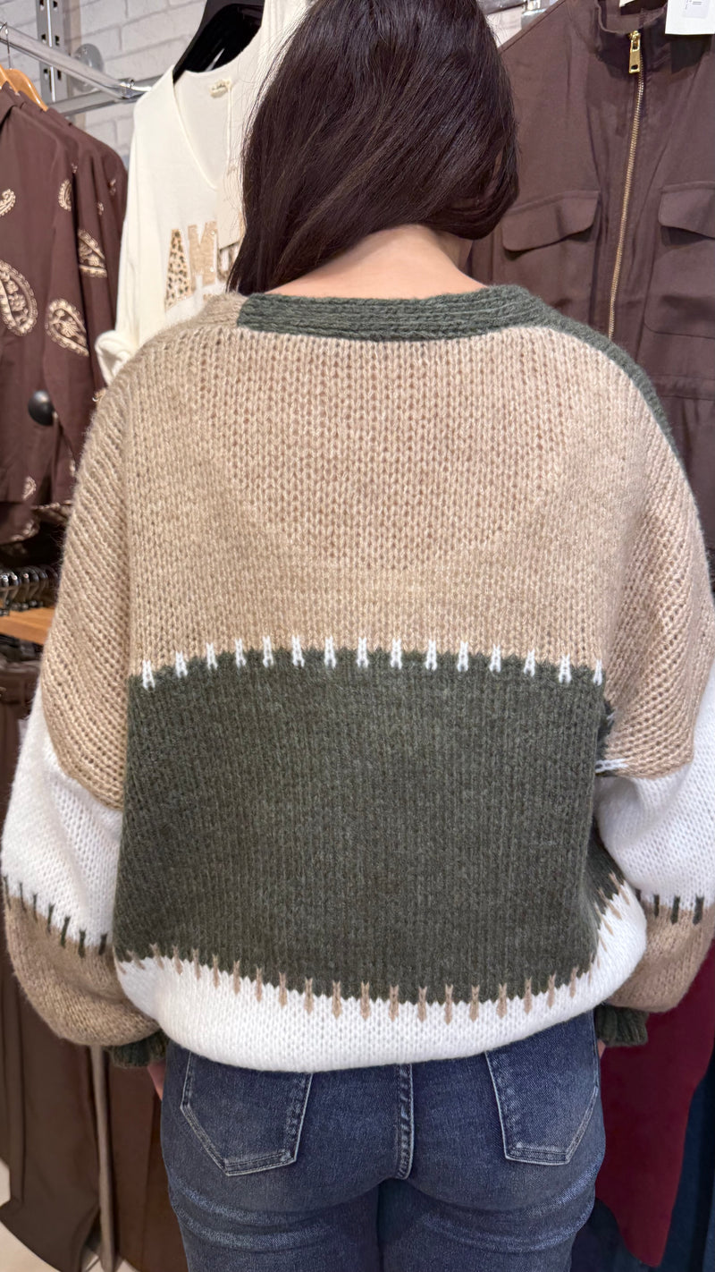 Barbara Green/Cream Chunky Knitted Cardigan