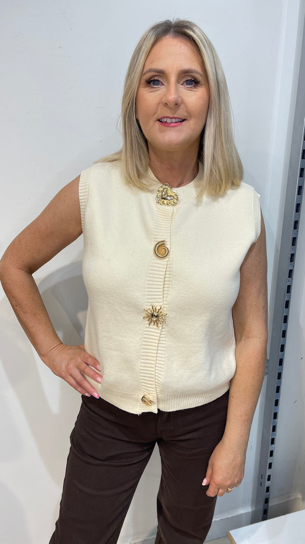 Cara - Cream Gold Button Knit