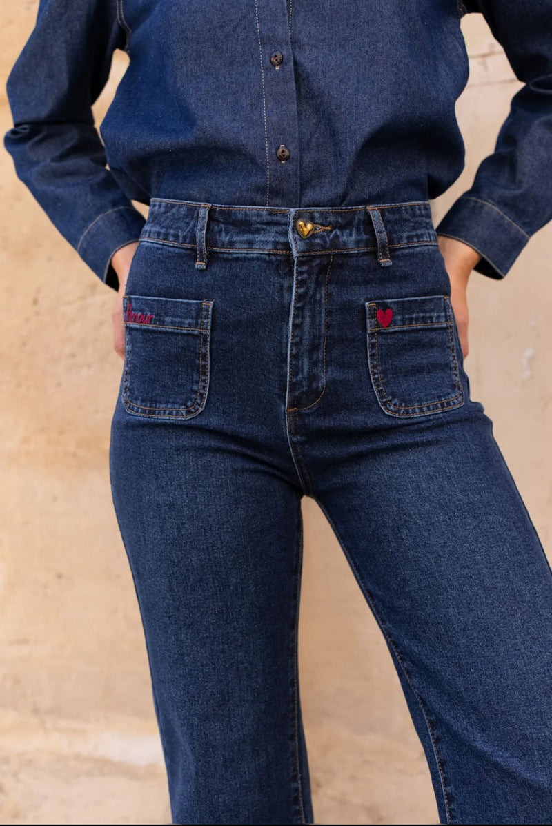 Ella - Blue Stretch Wine  Embroidery Detail Denims