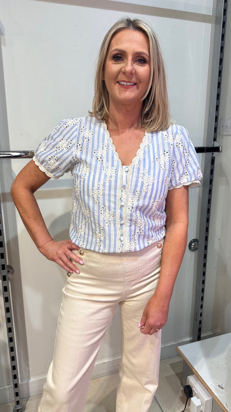 Eva - Sky blue Stripe Broderie Anglaise Cotton Top