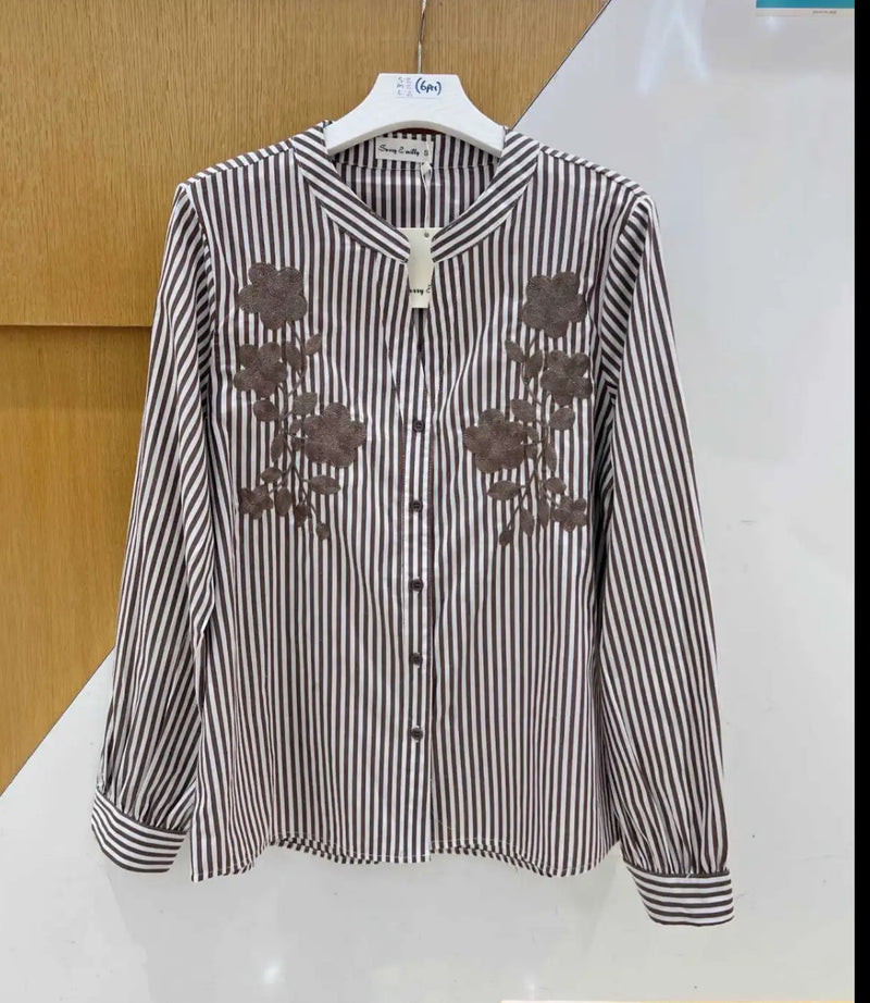 Lexi - Chocolate Stripe Embroidery Top