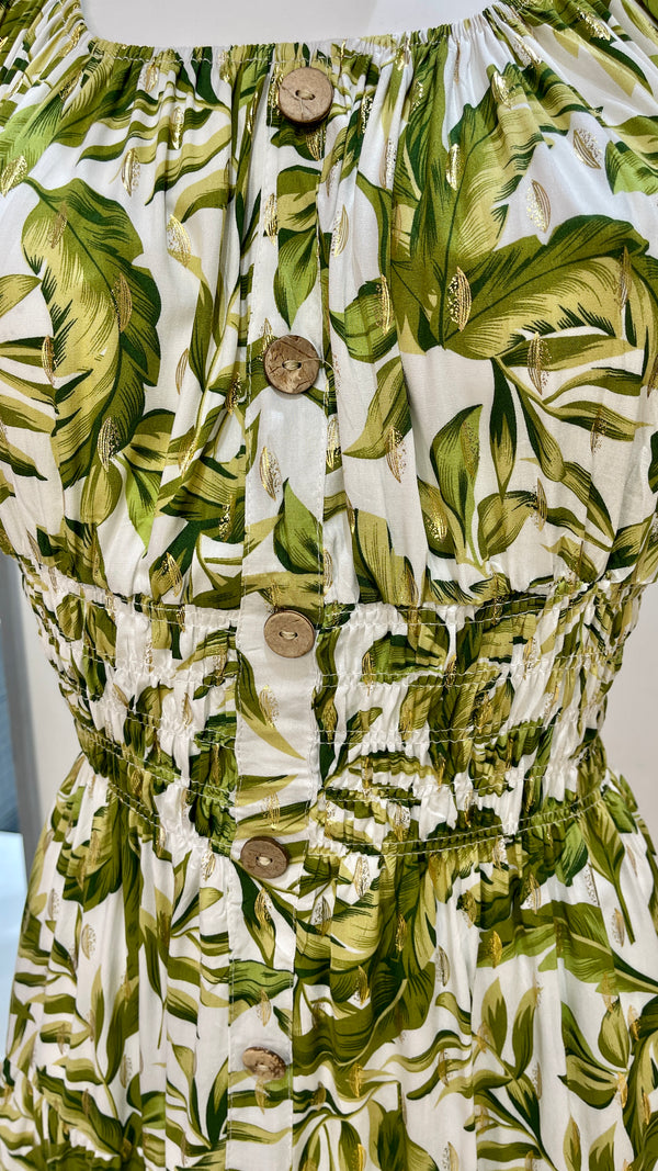 Trudie - White/ Green Tropical Print Button Midi Dress