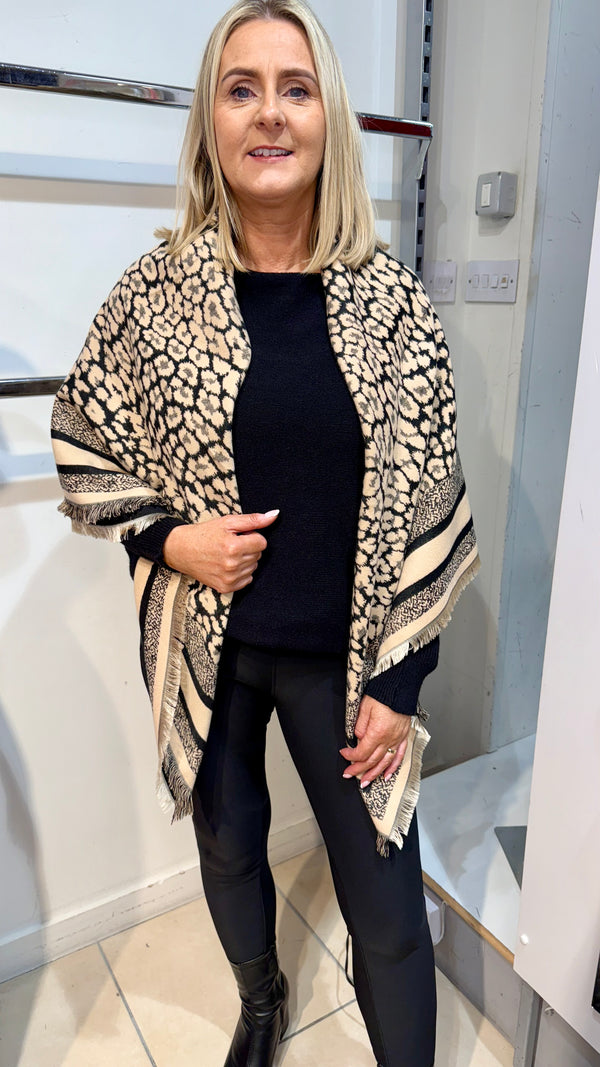 Terry - Black/Beige Leopard Border Shawl/Scarf