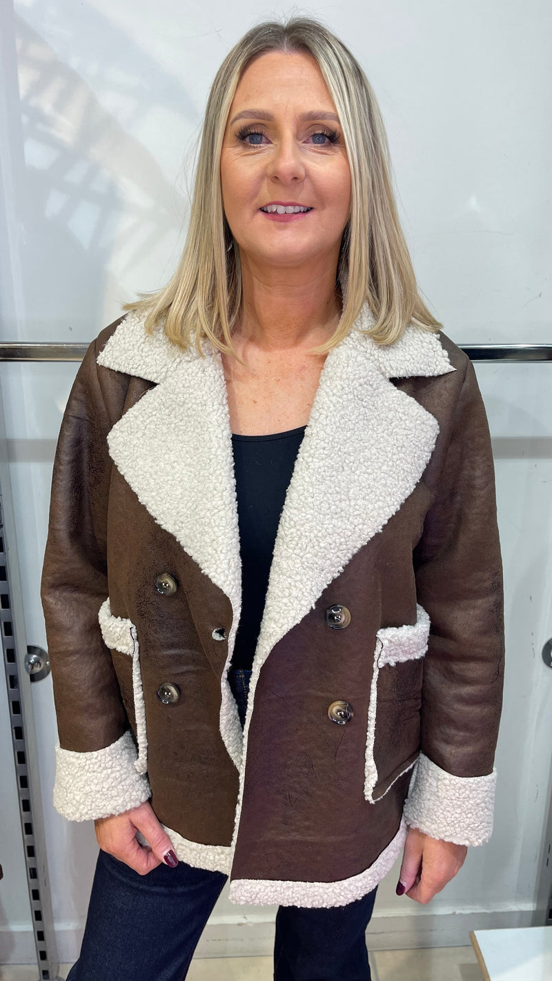 Fred - Brown Faux Distressed Shearling Look Jacket
