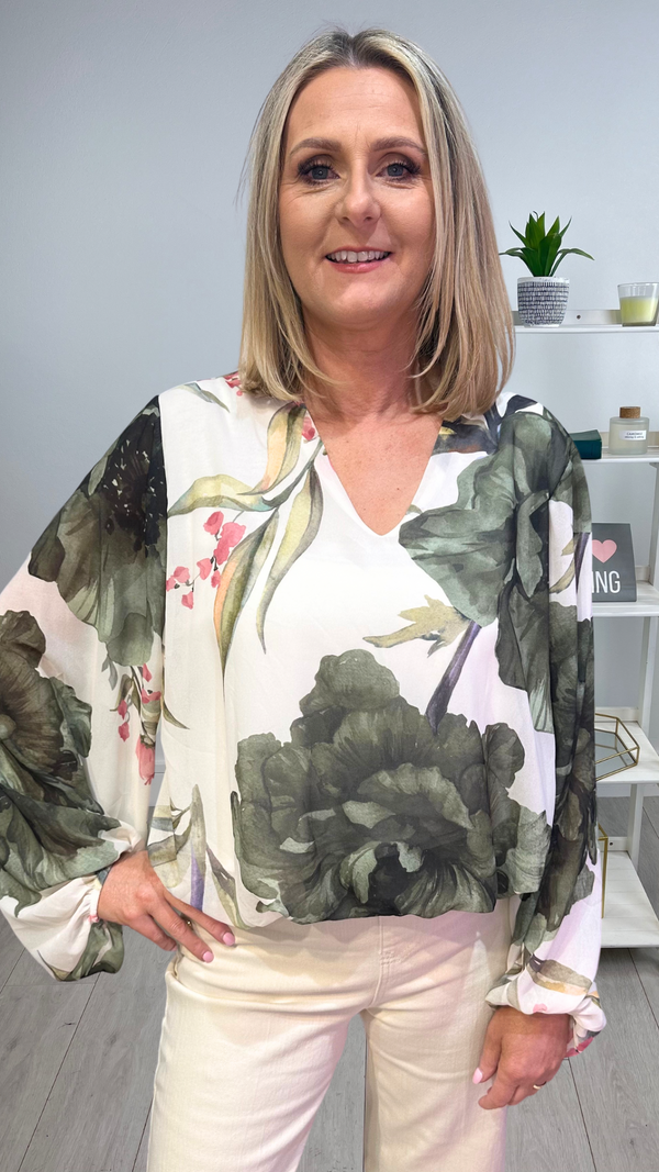 Naomi - Khaki Flower Lined bubble Hem top