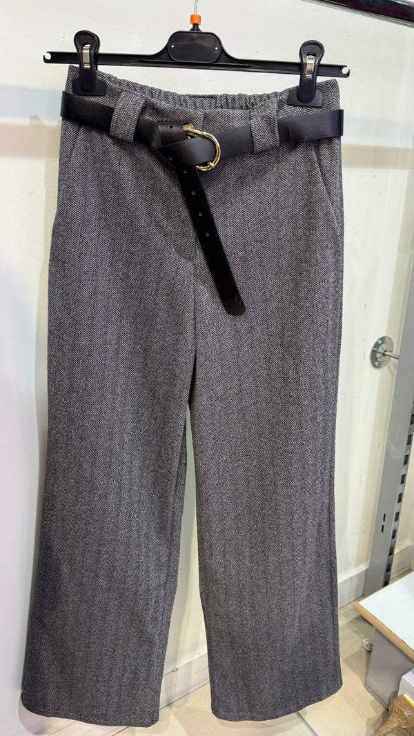 Naomi - Grey/Black Herringbone Belted Trousers