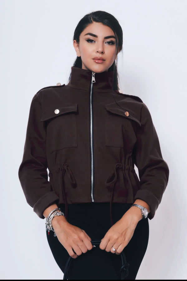 Tanya - Brown Pocket Lightweight Funnel Neck Jacket