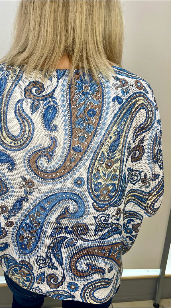 Freda - Denim Blue Paisley Print Fine Knit Top
