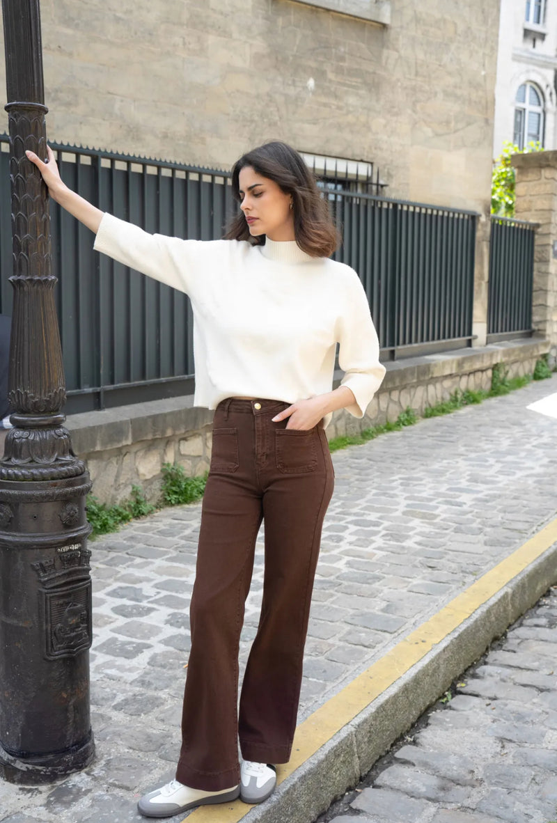 Flora - Chocolate Double Pocket Front Straight Leg Denims