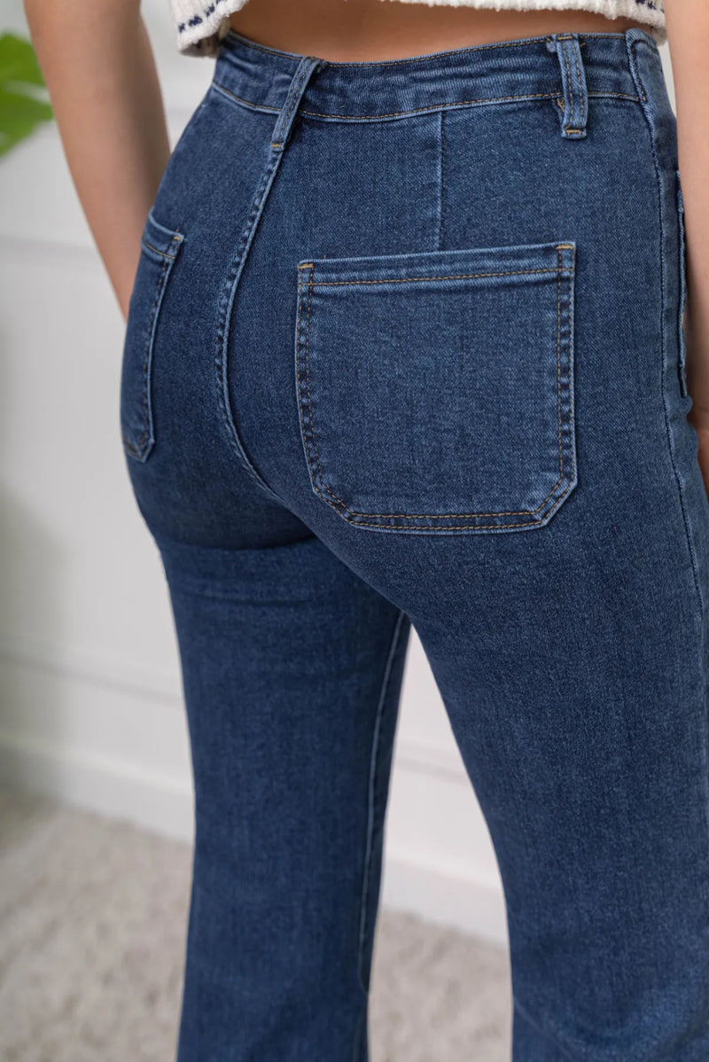 Leo - Denim Blue Stretch Button Pocket Jeans