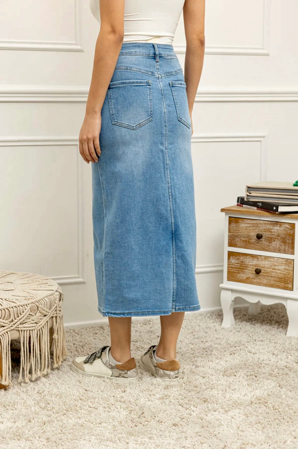 Aoife - Denim Front Split Gold Button Midi Skirt