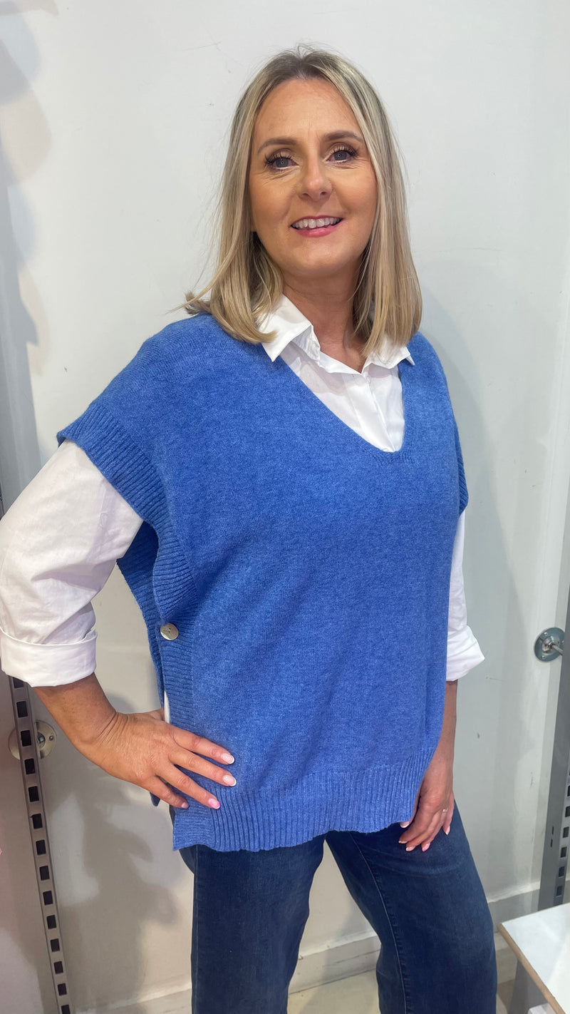Toni - Denim Blue Soft Button Knit Tank