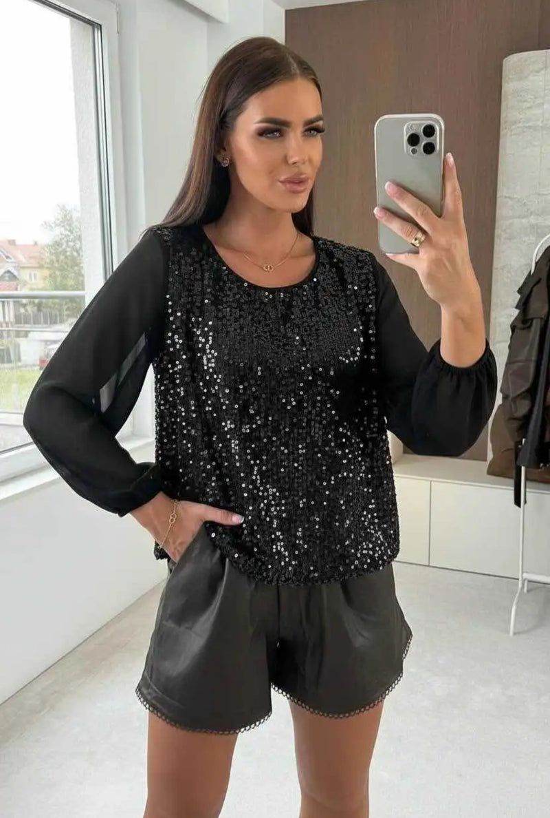 Vicky - Black Sequin lined bubble hem Top