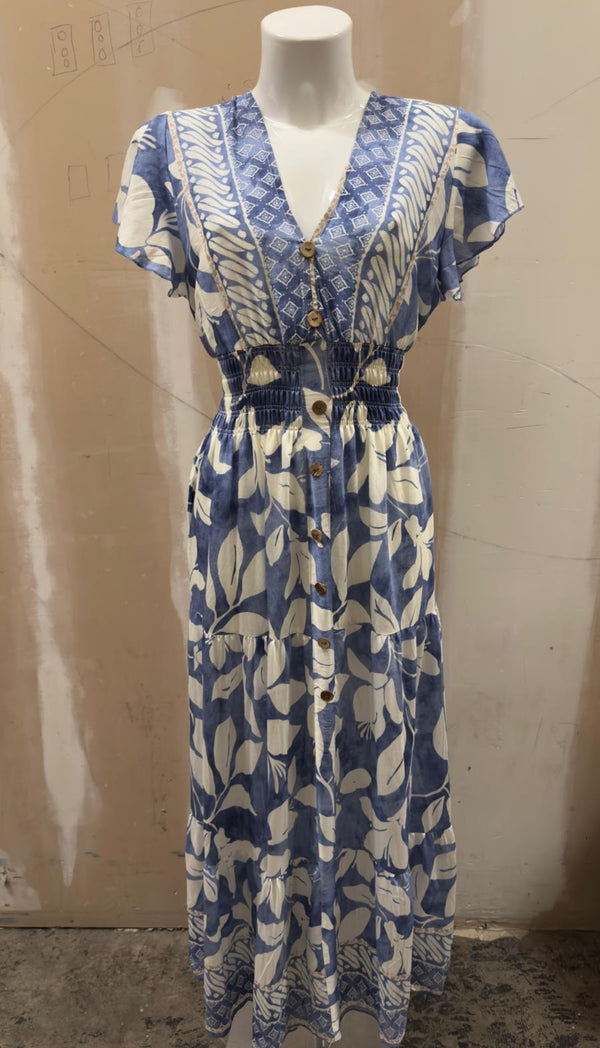 Sandy - Linen Look V-Neck Border Print Blue Maxi