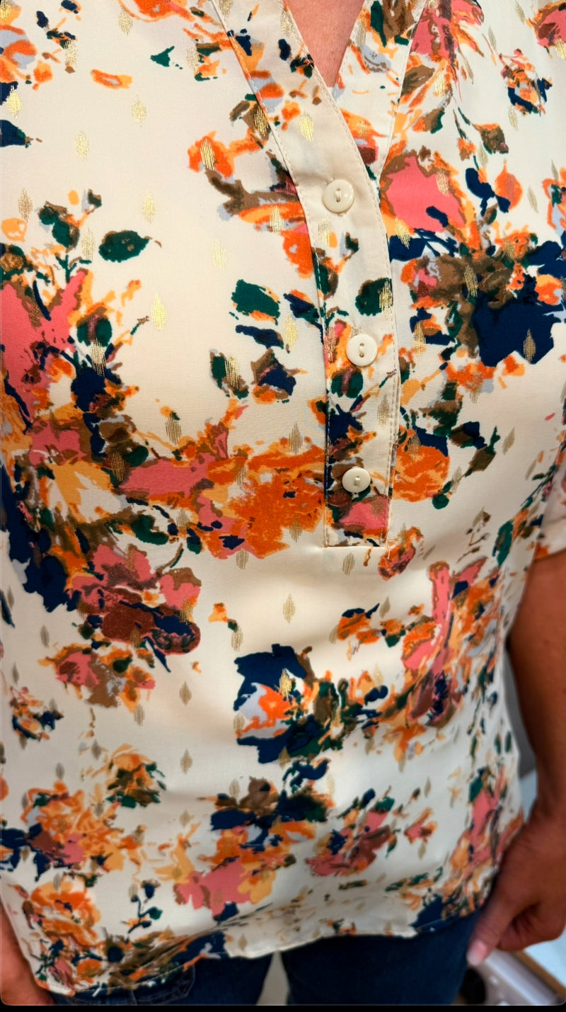 Ivy - Coral/Navy Floral Gold Leaf Detail Button Top