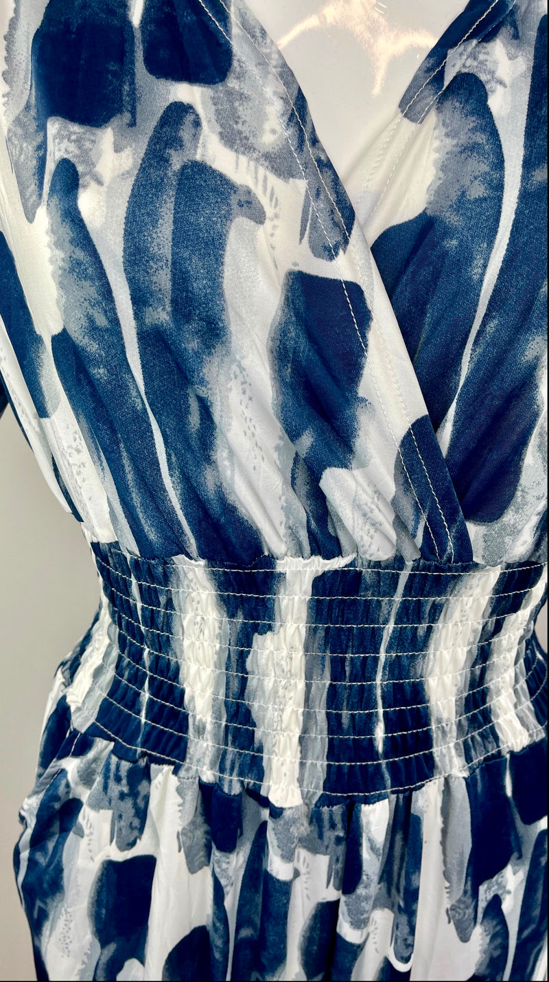 Cara - Blue/Cream Shirred Waist Jumpsuit