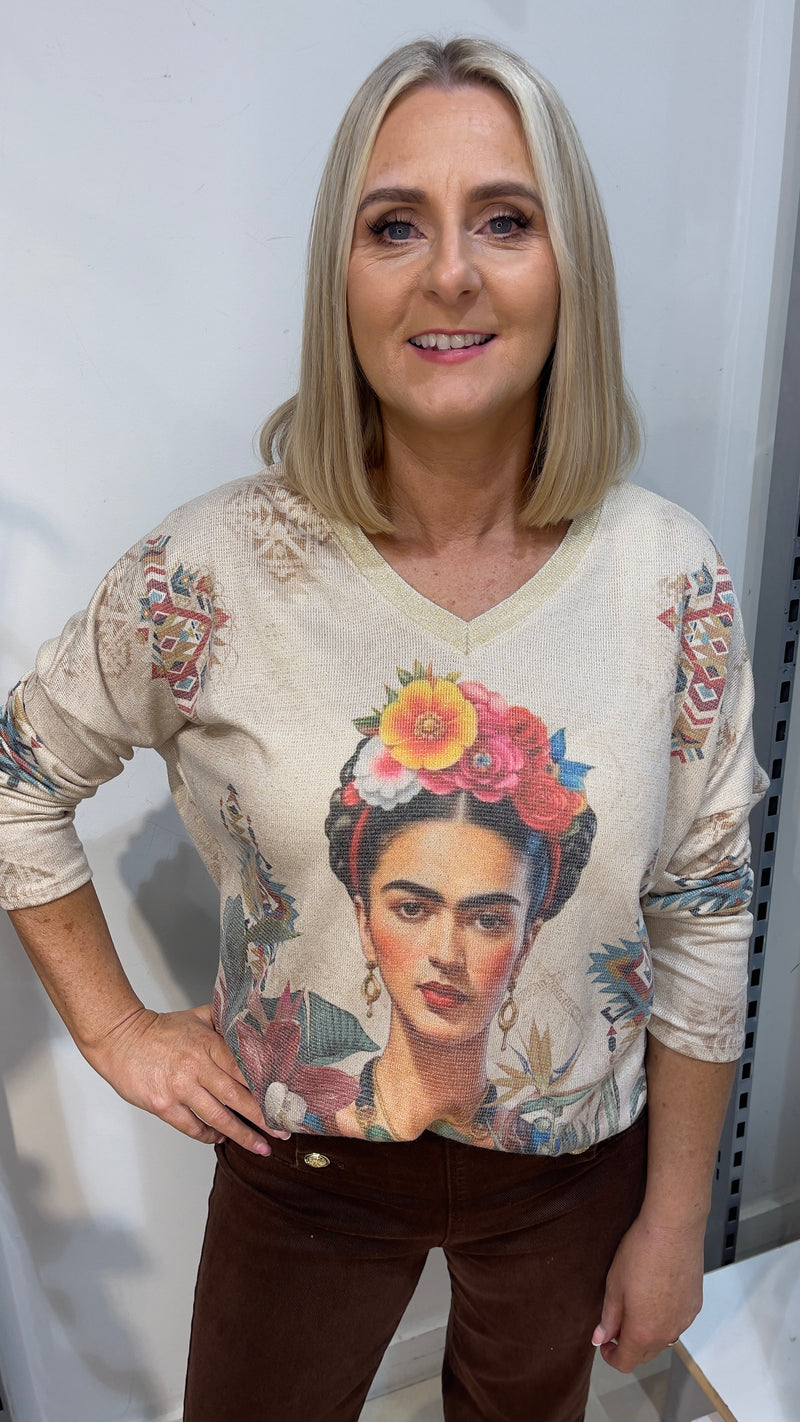 Sofia - Gold Lurex Thread Face Print Top