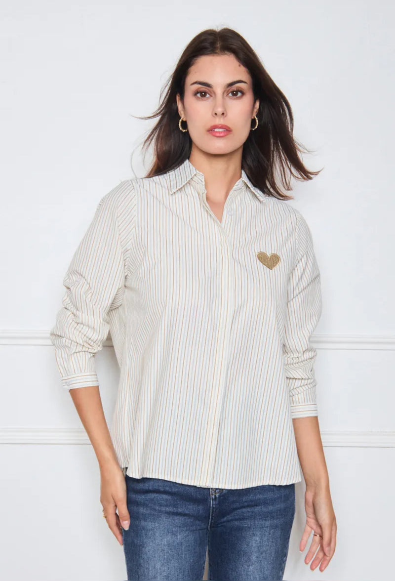 Polly - Camel Stripe Heart Logo Shirt