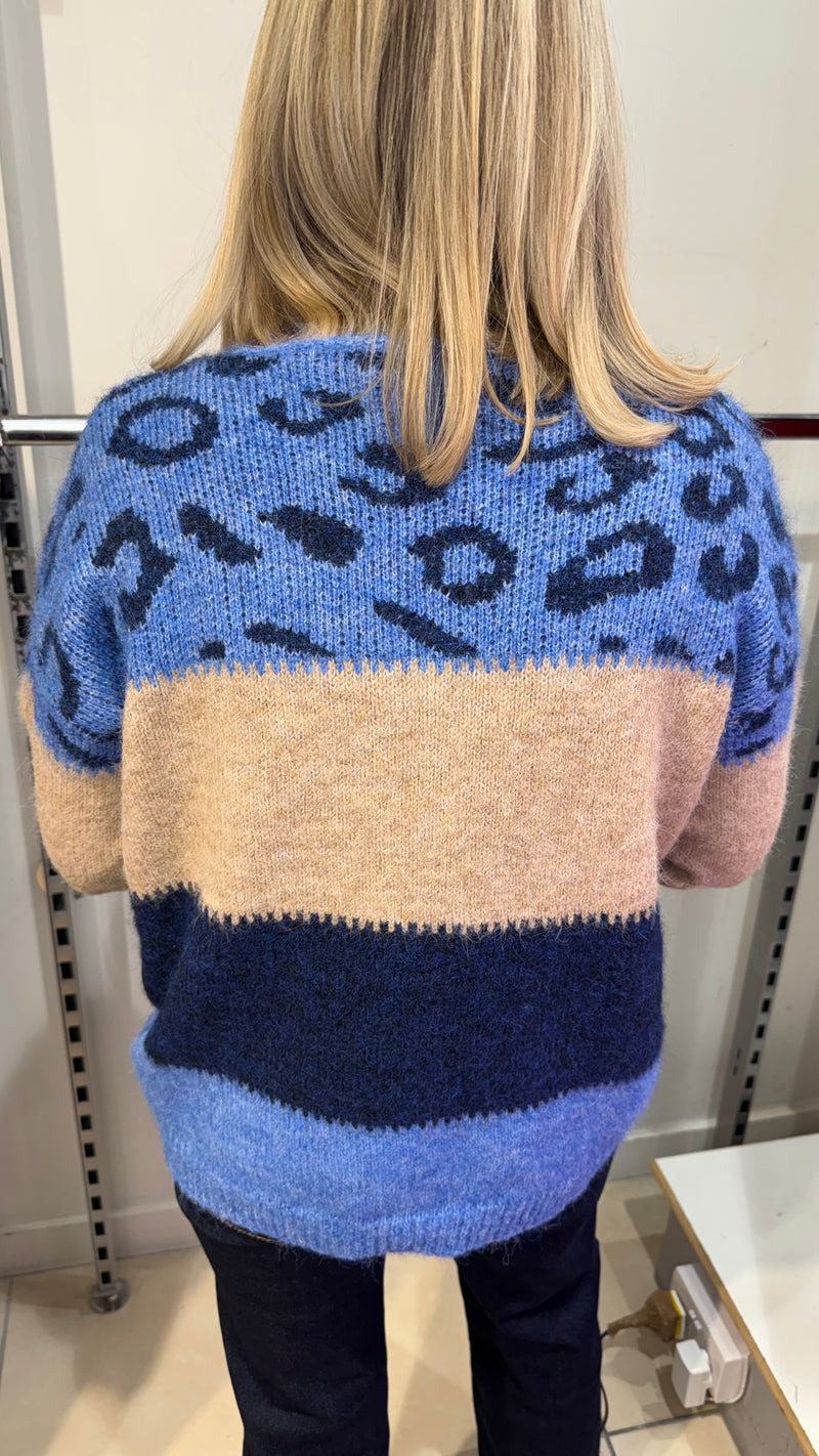 Zoe - Blue Animal Print Colour block Knit