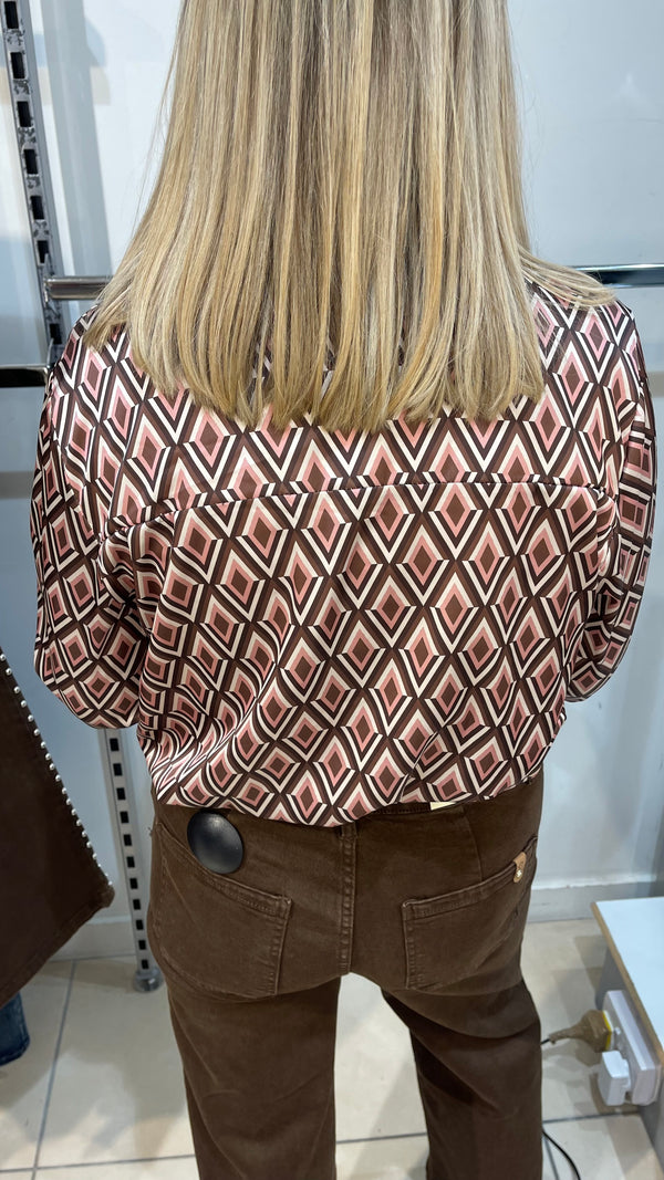 Jill - Diamond Print Brown /Dusky Pink Satin Look Shirt