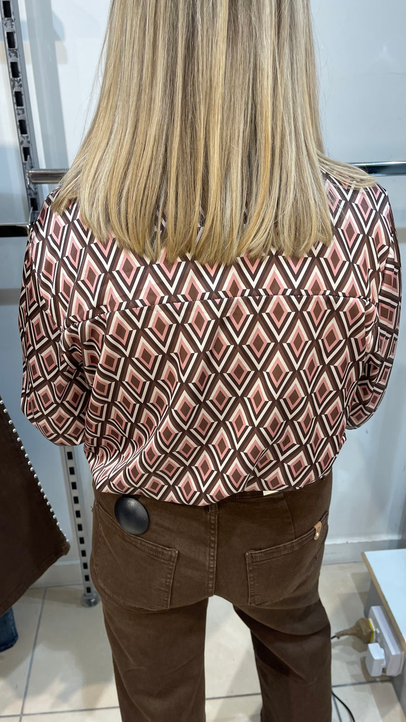 Jill - Diamond Print Brown /Dusky Pink Satin Look Shirt