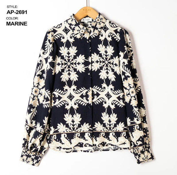 Frankie - Navy/Beige Print Balloon Sleeve Top